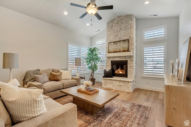 864 S 1260 W Unit 129, Heber City, UT 84032 - living room featuring a stone fireplace, a ceiling fan, light wood-type flooring, recessed lighting, and baseboards