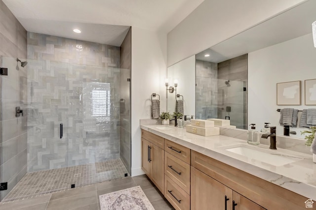 864 S 1260 W Unit 129, Heber City, UT 84032 - full bath with a shower stall, tile patterned flooring, double vanity, and recessed lighting