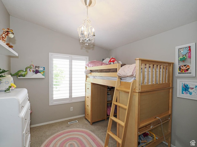 3129 S Eagle Rock Way W, West Valley City, UT 84120 - bedroom featuring baseboards, a chandelier, light carpet, and vaulted ceiling