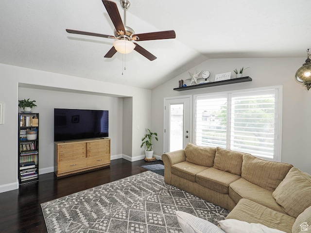 3129 S Eagle Rock Way W, West Valley City, UT 84120 - living room featuring lofted ceiling, a ceiling fan, wood finished floors, and baseboards