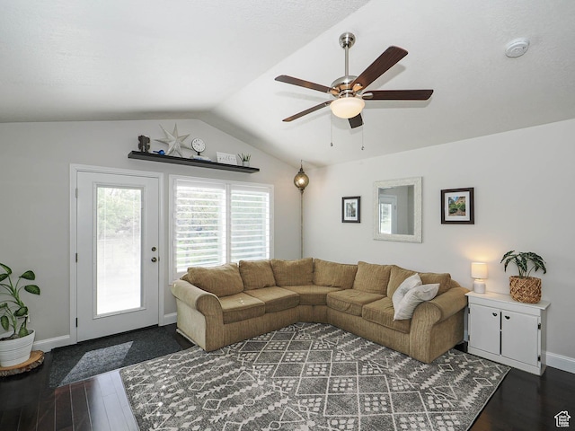 3129 S Eagle Rock Way W, West Valley City, UT 84120 - living room with dark wood-style flooring, a ceiling fan, baseboards, and lofted ceiling