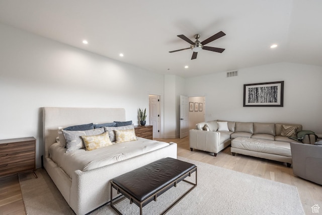 7189 N Hitching Post Dr W, Park City, UT 84098 - bedroom with light wood finished floors, recessed lighting, vaulted ceiling, and ceiling fan
