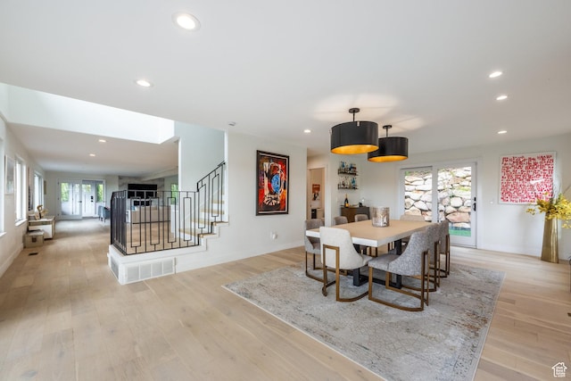 7189 N Hitching Post Dr W, Park City, UT 84098 - dining area featuring stairs, light wood-style flooring, recessed lighting, and baseboards