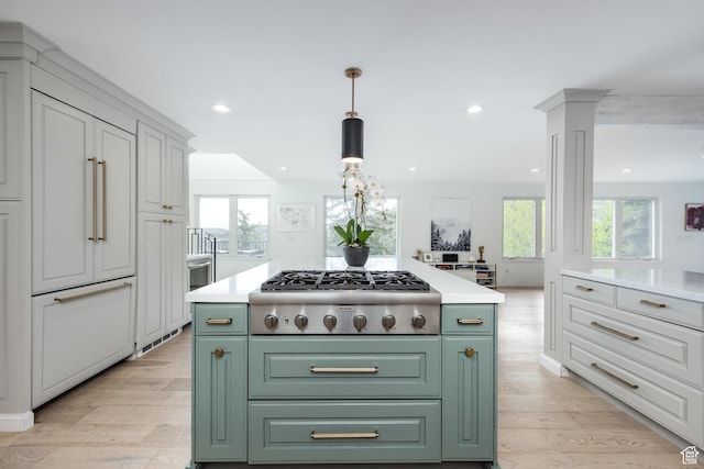 7189 N Hitching Post Dr W, Park City, UT 84098 - kitchen featuring green cabinetry, stainless steel gas cooktop, light wood finished floors, plenty of natural light, and recessed lighting
