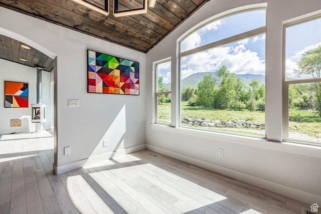 3824 N Patiosprings Dr, Eden, UT 84310 - interior space featuring wooden ceiling, a mountain view, vaulted ceiling, hardwood / wood-style flooring, and baseboards