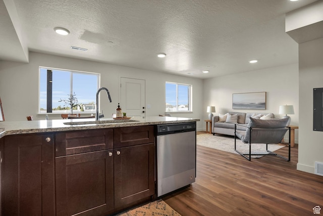 450 W Main St Unit 16, Santaquin, UT 84655 - kitchen with dishwasher, a sink, dark brown cabinets, dark wood-style floors, and recessed lighting