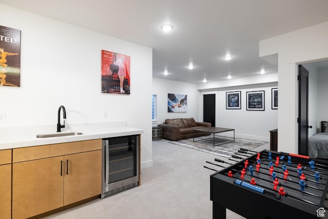 6592 Purple Poppy Ln Unit 117, Park City, UT 84098 - bar featuring a sink, wine cooler, light carpet, recessed lighting, and baseboards