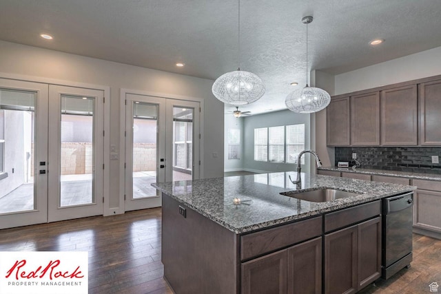 0, St. George, UT 84790 - kitchen featuring french doors, a sink, dishwasher, dark wood finished floors, and dark stone counters