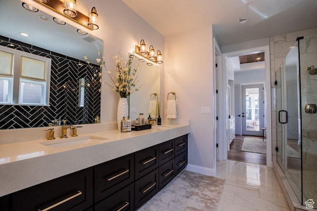 0, St. George, UT 84790 - full bathroom featuring marble look tile flooring, a shower stall, double vanity, and recessed lighting