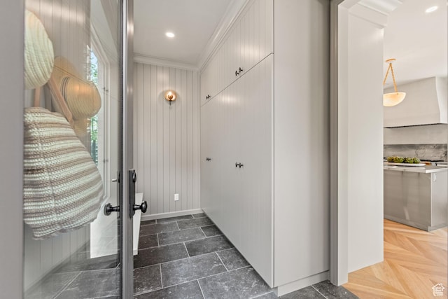 520 N H St E, Salt Lake City, UT 84103 - entrance foyer with ornamental molding, baseboards, wood walls, and recessed lighting