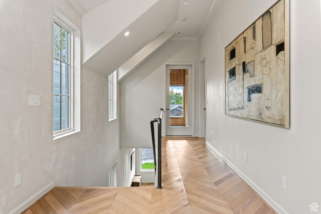 520 N H St E, Salt Lake City, UT 84103 - hallway featuring an upstairs landing, baseboards, and ornamental molding