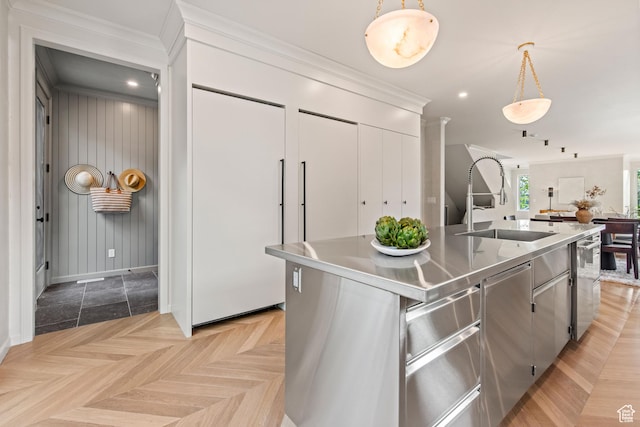 520 N H St E, Salt Lake City, UT 84103 - kitchen with stainless steel countertops, decorative light fixtures, a sink, baseboards, and stainless steel dishwasher