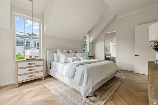 520 N H St E, Salt Lake City, UT 84103 - bedroom with baseboards, vaulted ceiling, and ornamental molding