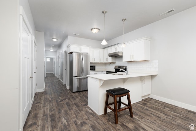 13092 S Tortola Dr Unit 101, Herriman, UT 84096 - kitchen featuring appliances with stainless steel finishes, under cabinet range hood, a peninsula, light countertops, and tasteful backsplash