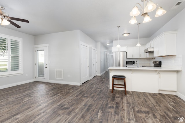 13092 S Tortola Dr Unit 101, Herriman, UT 84096 - kitchen featuring appliances with stainless steel finishes, under cabinet range hood, a peninsula, dark wood-style flooring, and a ceiling fan