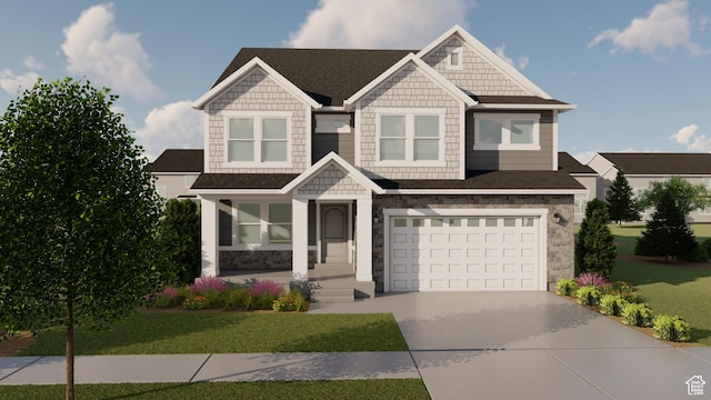 1549 W Boseman Way Unit 601, Saratoga Springs, UT 84045 - craftsman inspired home with driveway, stone siding, a front lawn, an attached garage, and roof with shingles