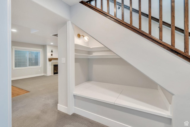 488 E Acord Way, Heber City, UT 84032 - staircase with carpet flooring, a fireplace, baseboards, and recessed lighting