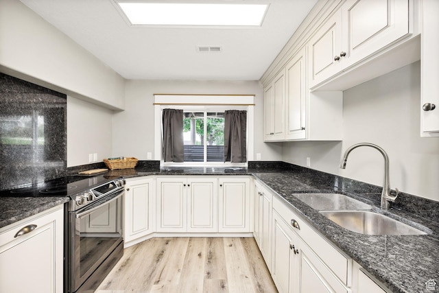 304 N 1000 E, Hyde Park, UT 84318 - kitchen featuring electric range, a sink, light wood-style floors, and dark stone counters