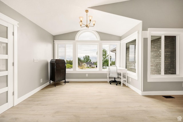 304 N 1000 E, Hyde Park, UT 84318 - living area featuring a chandelier, light wood-type flooring, vaulted ceiling, baseboards, and a desk
