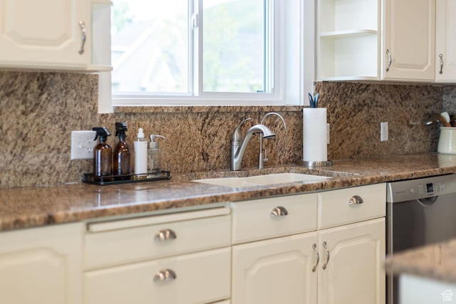 304 N 1000 E, Hyde Park, UT 84318 - kitchen featuring stainless steel dishwasher, a sink, open shelves, white cabinetry, and backsplash