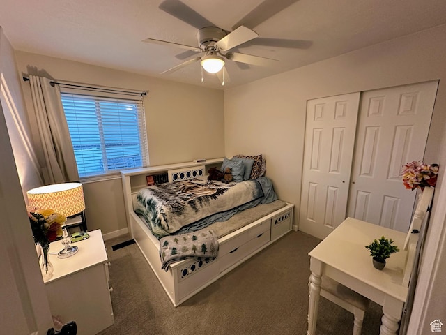 8675 S Pebblecreek Rd, West Jordan, UT 84081 - bedroom featuring dark colored carpet, a closet, a ceiling fan, and baseboards