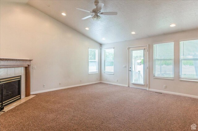 432 S 755 E, Layton, UT 84041 - unfurnished living room with light carpet, plenty of natural light, ceiling fan, lofted ceiling, and recessed lighting