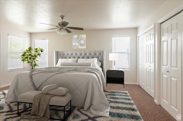 432 S 755 E, Layton, UT 84041 - carpeted bedroom featuring two closets, a textured ceiling, baseboards, multiple windows, and a ceiling fan