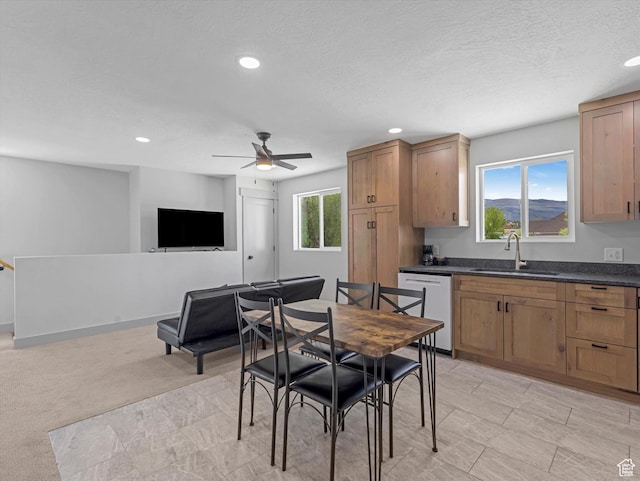223 E 200 N, Ephraim, UT 84627 - dining area with recessed lighting, a ceiling fan, a textured ceiling, and light carpet