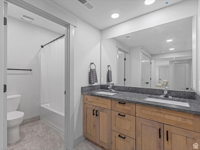 223 E 200 N, Ephraim, UT 84627 - bathroom with toilet, baseboards, double vanity, marble look tiles, and shower / bath combination with curtain