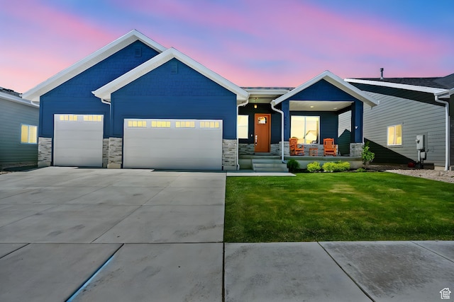 3205 W Oxford Loop, Mountain Green, UT 84050 - single story home with stone siding, a garage, a porch, a front yard, and driveway