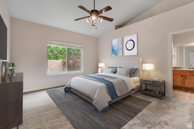 10972 S Crystal View Way S, Jordan, UT 84095 - bedroom with carpet floors, lofted ceiling, baseboards, connected bathroom, and ceiling fan