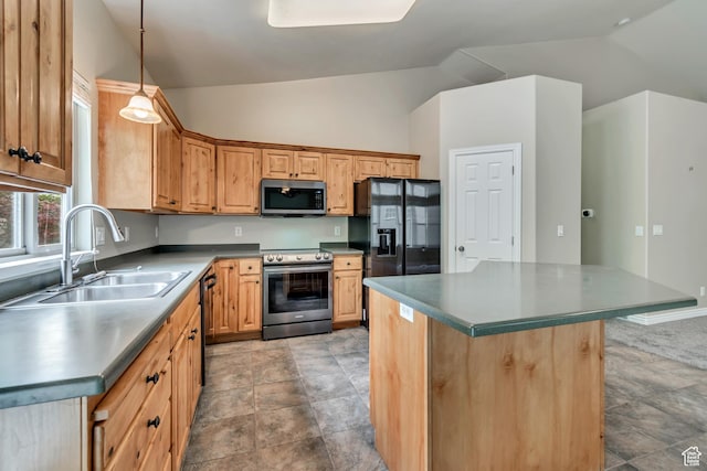 10972 S Crystal View Way S, Jordan, UT 84095 - kitchen with stainless steel appliances, a sink, vaulted ceiling, hanging light fixtures, and stone finish floors
