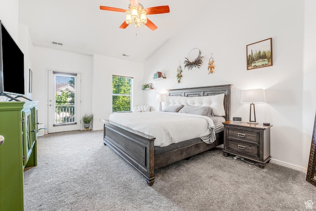 839 W Jordan Oaks Ct S, Sandy, UT 84070 - bedroom featuring light colored carpet, lofted ceiling, access to outside, baseboards, and ceiling fan