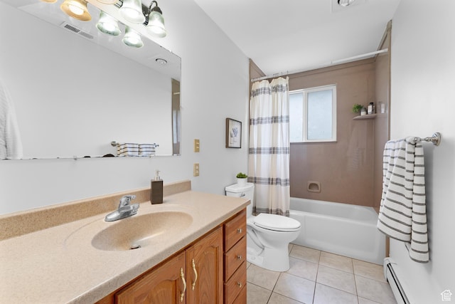 1173 N 350 W, Centerville, UT 84014 - full bath featuring baseboard heating, toilet, tile patterned floors, vanity, and shower / bath combination with curtain