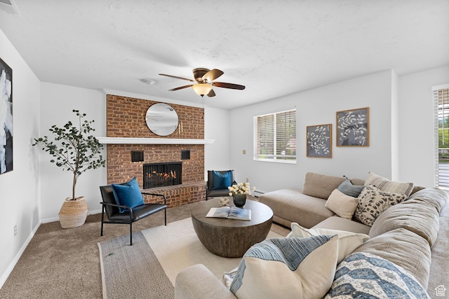 1173 N 350 W, Centerville, UT 84014 - carpeted living area with ceiling fan, a brick fireplace, baseboards, and a textured ceiling