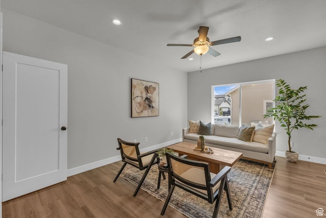 7185 N Hidden Steppe Bnd, Eagle Mountain, UT 84005 - living room featuring ceiling fan, wood finished floors, baseboards, and recessed lighting