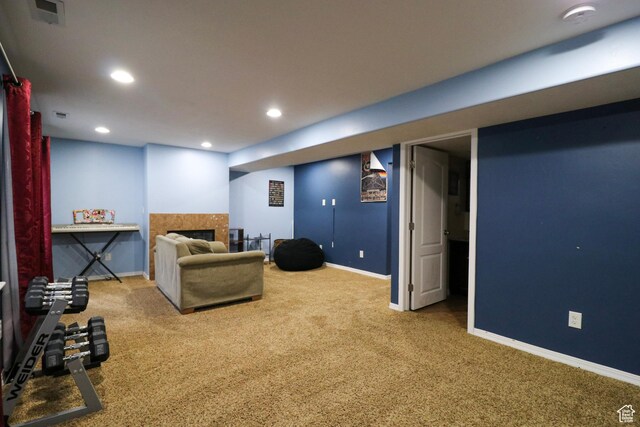 6466 W 8375 S, West Jordan, UT 84081 - living area with carpet, baseboards, a fireplace, and recessed lighting