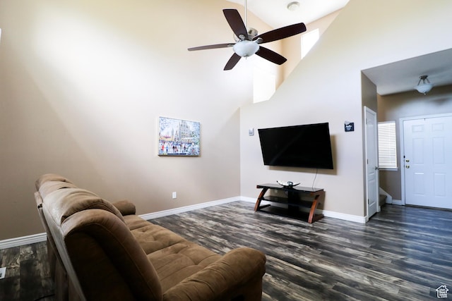 6466 W 8375 S, West Jordan, UT 84081 - living area with wood finished floors, high vaulted ceiling, a ceiling fan, and baseboards