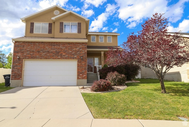 6466 W 8375 S, West Jordan, UT 84081 - traditional home with a garage, concrete driveway, a front lawn, brick siding, and stucco siding