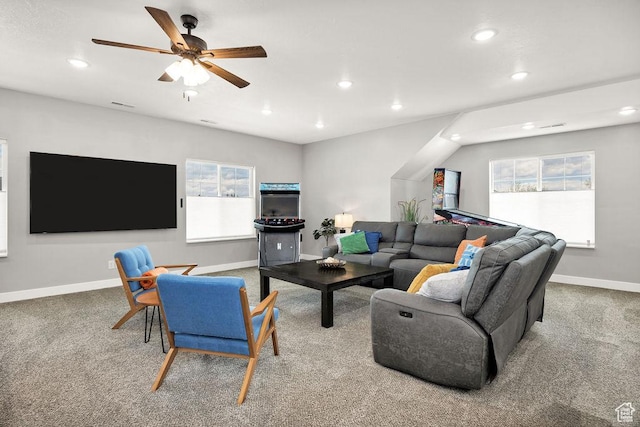 670 N Lake Sight Dr, Garden City, UT 84028 - living room featuring recessed lighting, carpet flooring, a ceiling fan, and baseboards