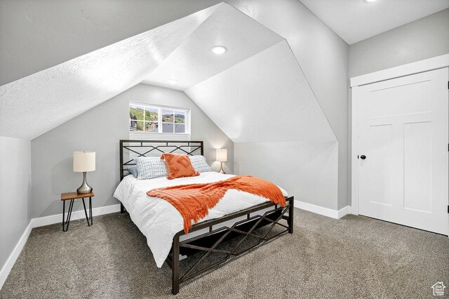 670 N Lake Sight Dr, Garden City, UT 84028 - carpeted bedroom with baseboards, a textured ceiling, and vaulted ceiling