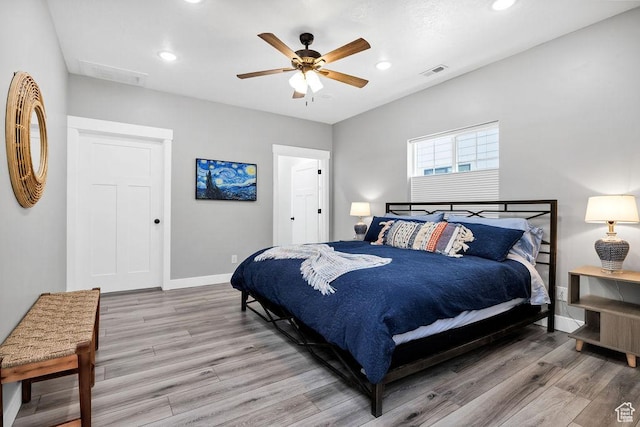 670 N Lake Sight Dr, Garden City, UT 84028 - bedroom featuring baseboards, light wood-style floors, recessed lighting, and ceiling fan