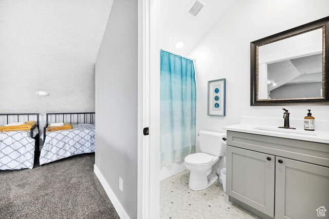 670 N Lake Sight Dr, Garden City, UT 84028 - ensuite bathroom featuring toilet, vanity, curtained shower, and vaulted ceiling
