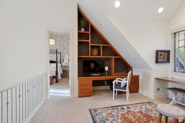 281 N Almond St W, Salt Lake City, UT 84103 - home office with light colored carpet, lofted ceiling, built in features, and built in study area
