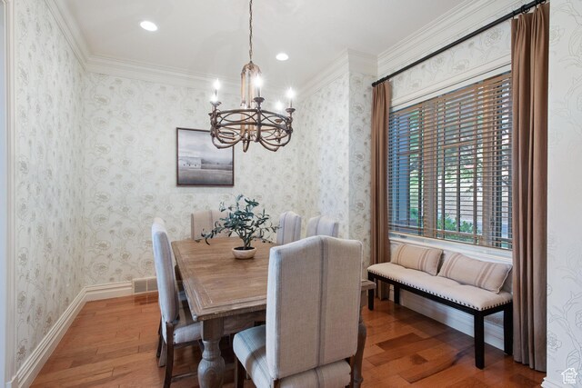 281 N Almond St W, Salt Lake City, UT 84103 - dining room with a chandelier, wood finished floors, recessed lighting, and ornamental molding