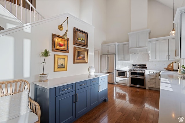 281 N Almond St W, Salt Lake City, UT 84103 - kitchen with high end appliances, high vaulted ceiling, blue cabinetry, a sink, and backsplash