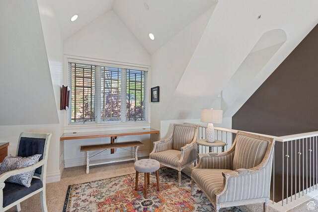 281 N Almond St W, Salt Lake City, UT 84103 - sitting room featuring high vaulted ceiling, carpet floors, recessed lighting, and baseboards