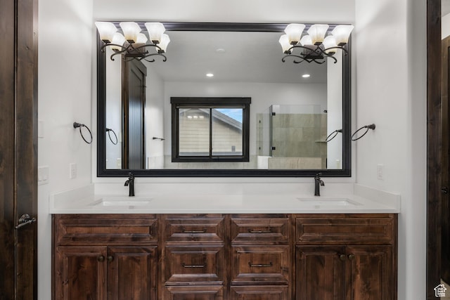 1765 E Kings Peak Cir Unit Cp-21, Heber City, UT 84032 - bathroom featuring a chandelier, tiled shower, and double vanity