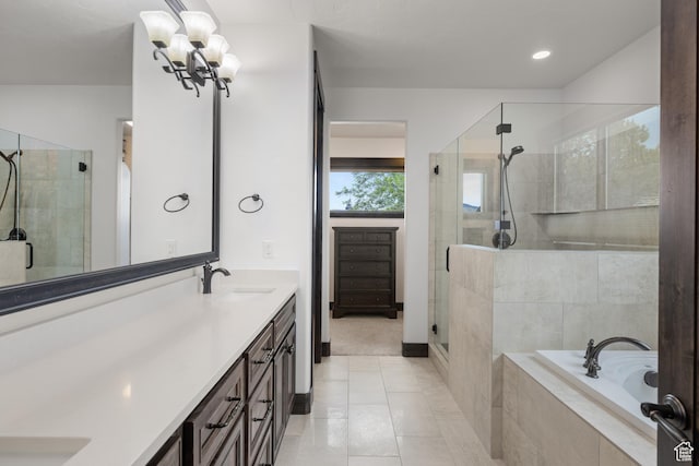 1765 E Kings Peak Cir Unit Cp-21, Heber City, UT 84032 - full bath with a shower stall, double vanity, a bath, tile patterned floors, and a chandelier