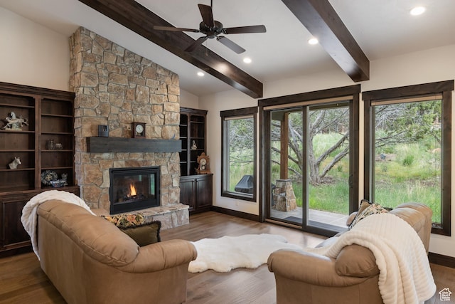 1765 E Kings Peak Cir Unit Cp-21, Heber City, UT 84032 - living room featuring wood finished floors, baseboards, a ceiling fan, a fireplace, and recessed lighting